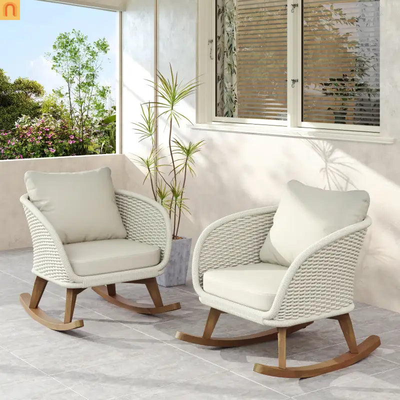 Outdoor Rocking Chair Rope Wood Beige Cushion Set of 2 29.5in