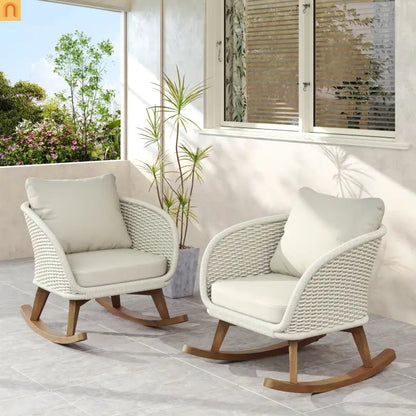 Outdoor Rocking Chair Rope Wood Beige Cushion Set of 2 29.5in