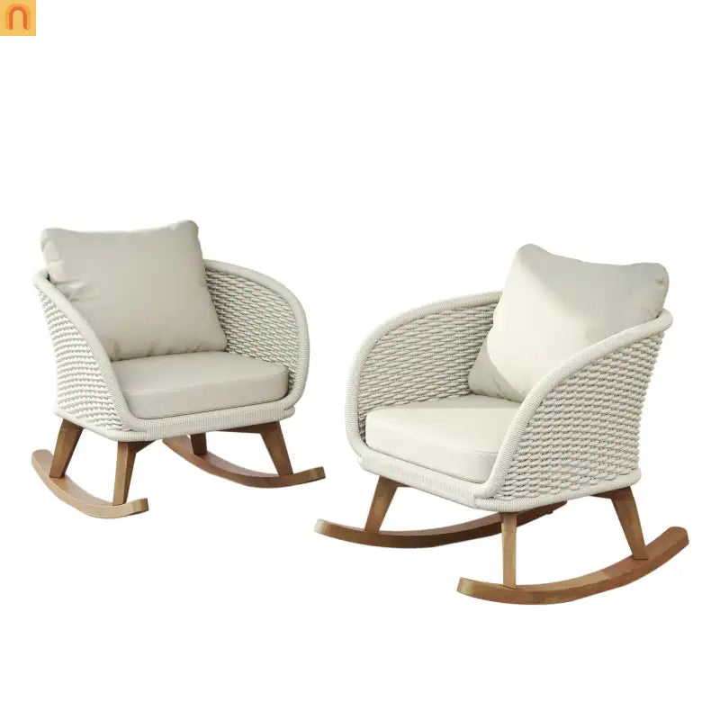 Outdoor Rocking Chair Rope Wood Beige Cushion Set of 2 29.5in