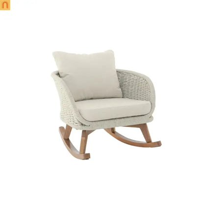 Outdoor Rocking Chair Rope Wood Beige Cushion Set of 2 29.5in