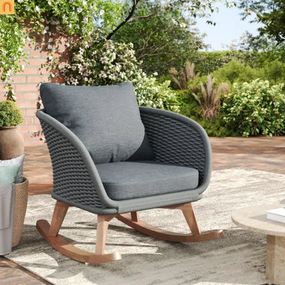 Outdoor Rocking Chair Rope Wood Frame Gray Cushion 29.5in Wide