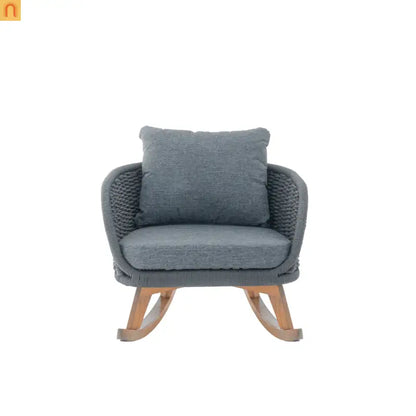 Outdoor Rocking Chair Rope Wood Frame Gray Cushion 29.5in Wide