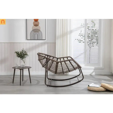 Outdoor Rocking Chair Rattan Steel Navy Blue Cushion Oversized 250 LB