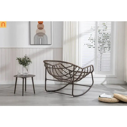Outdoor Rocking Chair Rattan Steel Navy Blue Cushion Oversized 250 LB