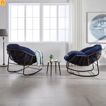 Outdoor Rocking Chair Rattan Steel Navy Blue Cushion Oversized 250 LB