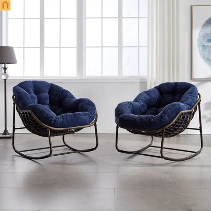Outdoor Rocking Chair Rattan Steel Navy Blue Cushion Oversized 250 LB