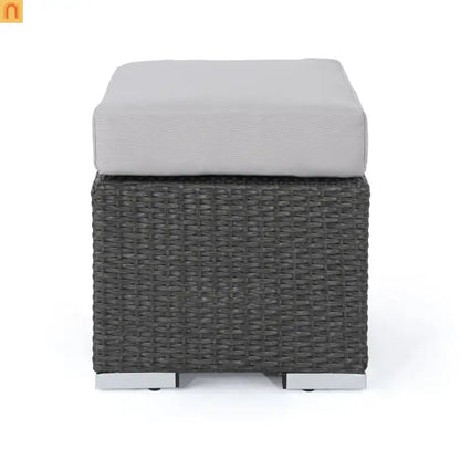 Outdoor Round Ottoman Stool PE Rattan Gray Weatherproof 16.25in