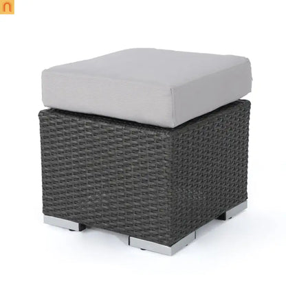 Outdoor Round Ottoman Stool PE Rattan Gray Weatherproof 16.25in