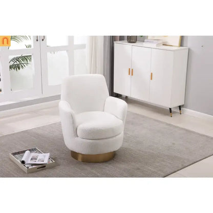 Accent Chair Barrel Swivel Faux Fur Ivory Gold Base 300 lb 29in