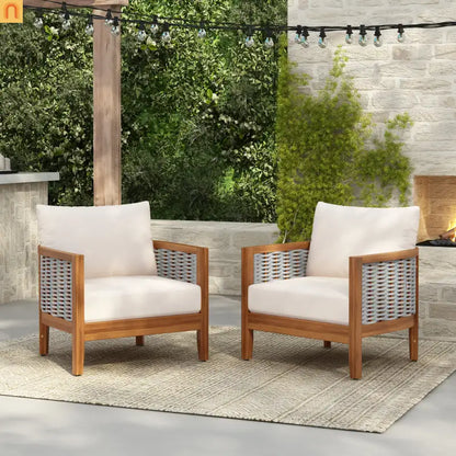 Outdoor Tub Chair Acacia Wood Rope Teak Beige Cushion Set of 2
