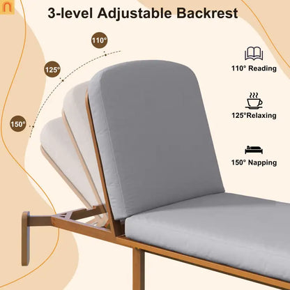 Chaise Lounge Acacia Wood Gray Cushion 3 Position 400 LB Poolside