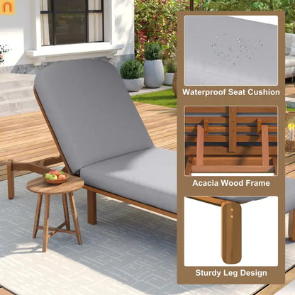 Chaise Lounge Acacia Wood Gray Cushion 3 Position 400 LB Poolside