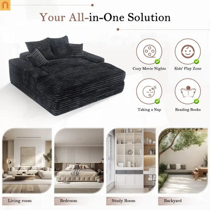 Chaise Lounge Corduroy Gray Queen Sleeper 4 Pillows 500 lb