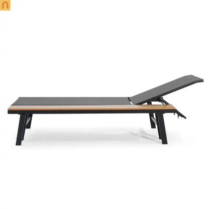 Chaise Lounge Aluminum Mesh Black 5-Position with Wood Side Table 77in