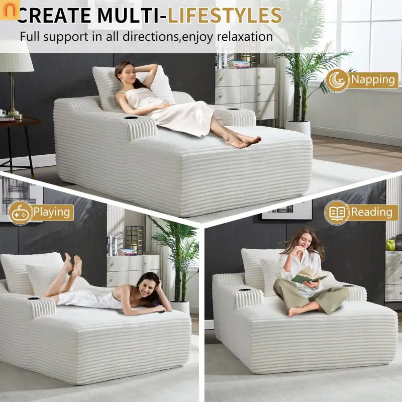 Chaise Lounge Corduroy White Oversized Sofa Bed 350 lb