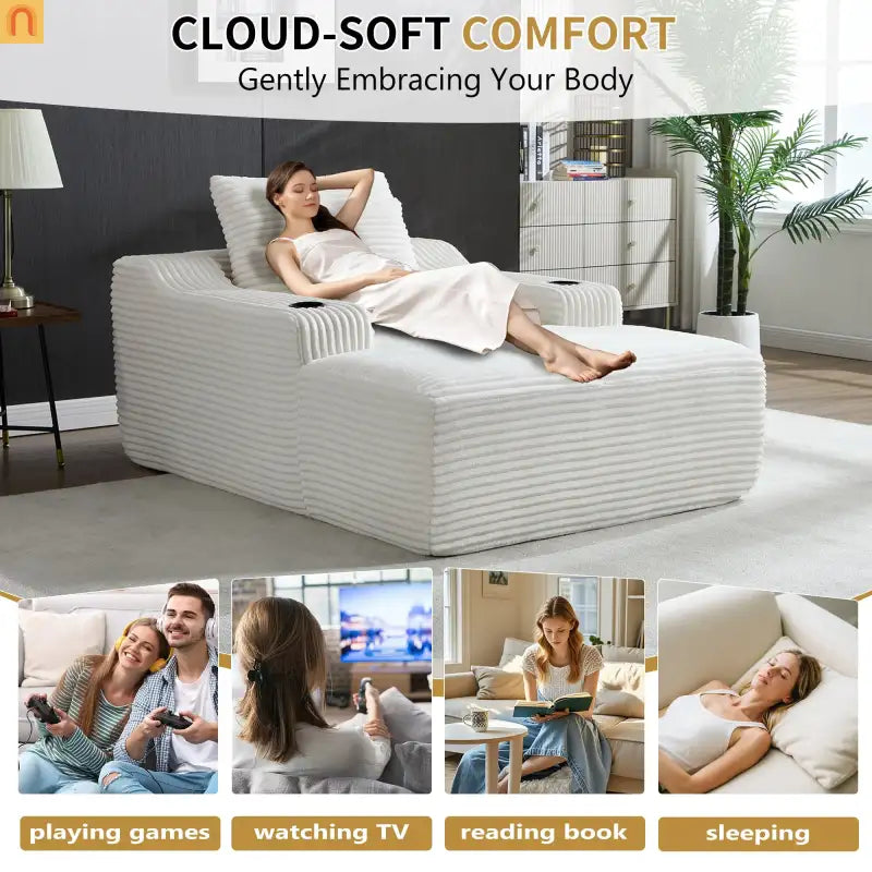 Chaise Lounge Corduroy White Oversized Sofa Bed 350 lb