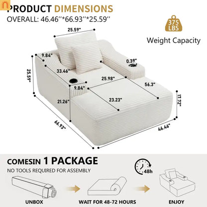 Chaise Lounge Corduroy White Oversized Sofa Bed 350 lb