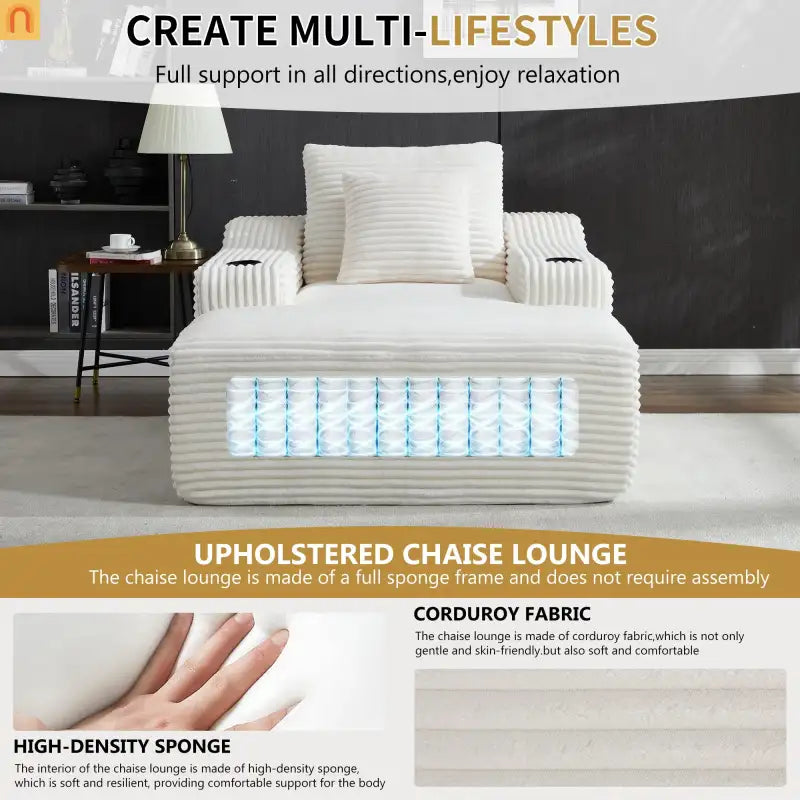 Chaise Lounge Corduroy White Oversized Sofa Bed 350 lb