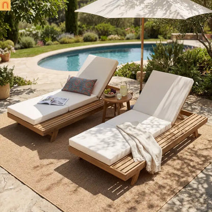 Chaise Lounge Acacia Wood Light Brown Cream Cushion 4 Position 79in