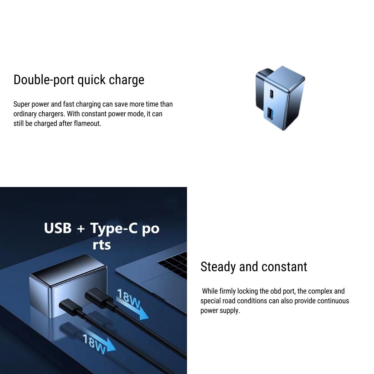 OBD 12V Power Adapter | 2 Power Options | Dual USB Ports | Always-On Power