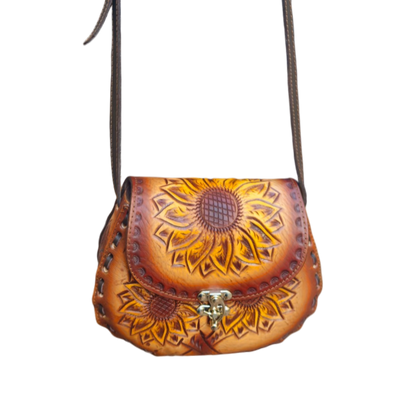 Cincelada Leather Crossbody | Hand Tooled Sunflower Purse
