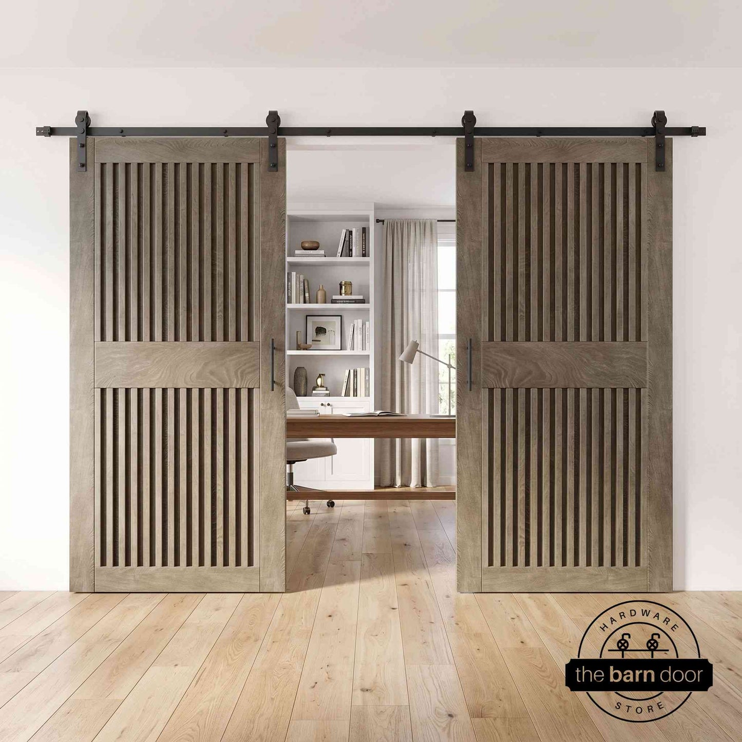 Vertical Slat Double Door Barn Door Kit | Black Barn Door Hardware