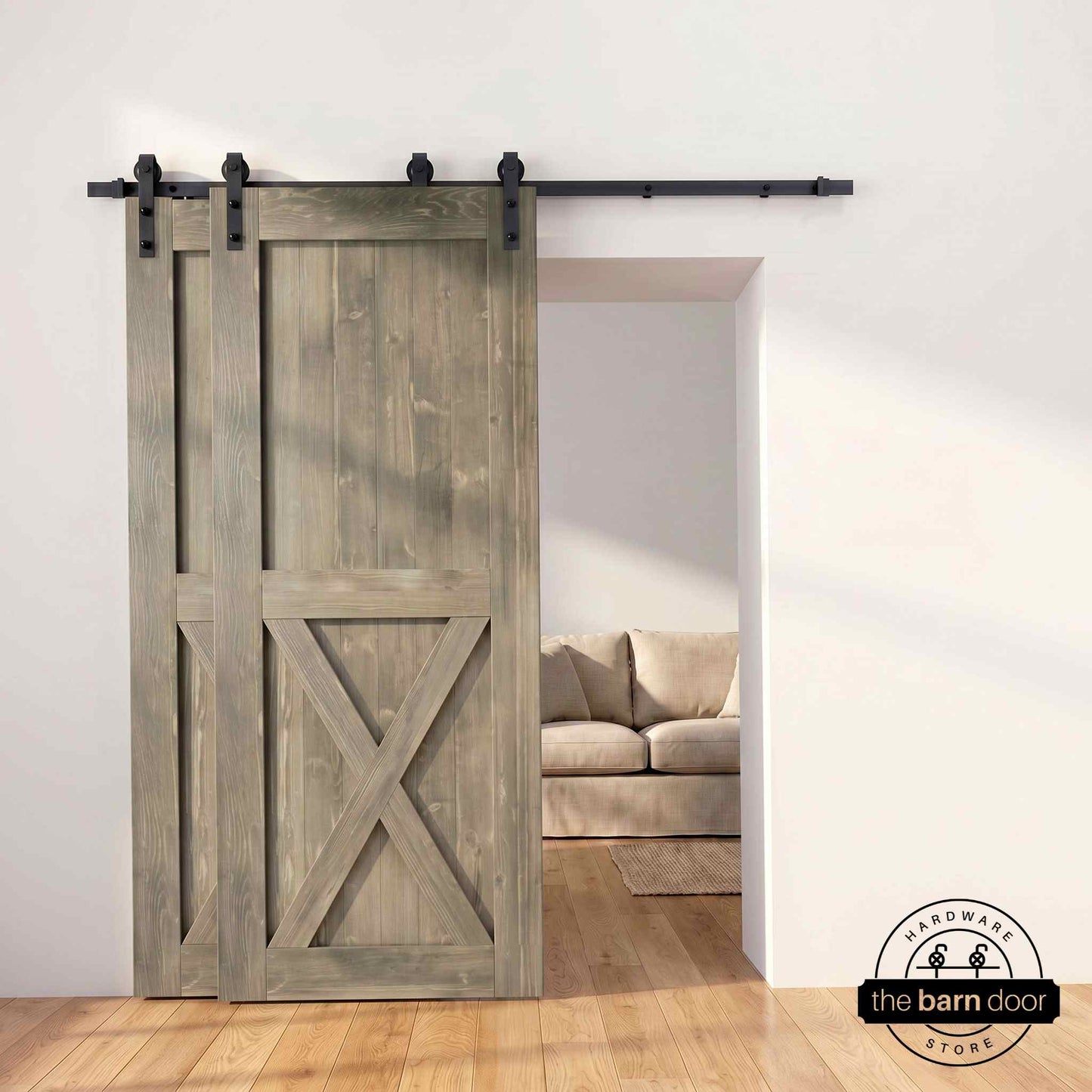 Classic Single Bypass 2 Door Barn Door Kit | Black Hardware
