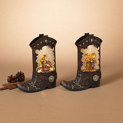 Lighted Spinning Waterglobe Boot with Nativity Figurine -