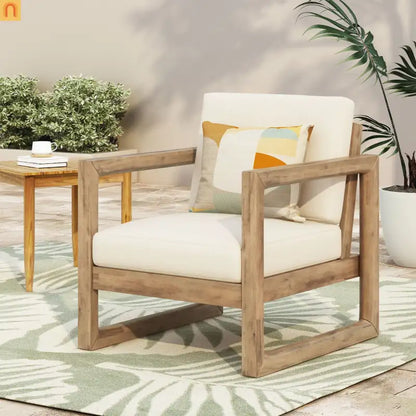 Outdoor Club Chair Acacia Wood Brown Beige Cushion Deep Seat 27.5in