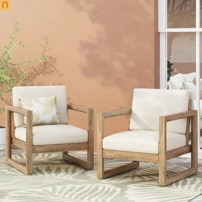 Outdoor Club Chair Acacia Wood Brown Beige Cushion Deep Seat 27.5in