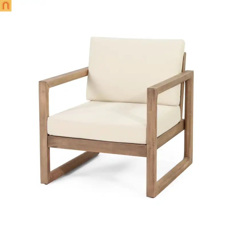 Outdoor Club Chair Acacia Wood Brown Beige Cushion Deep Seat 27.5in