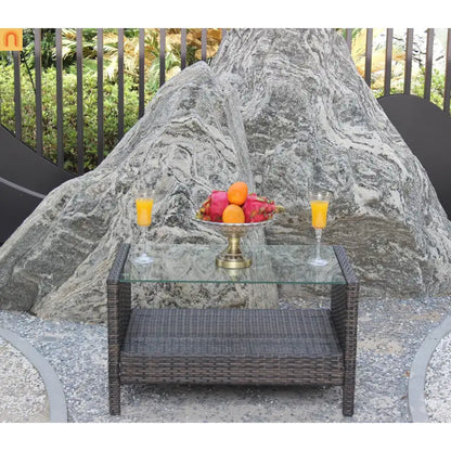 Outdoor Coffee Table PE Rattan Brown Iron Tempered Glass 34.6x20.5in