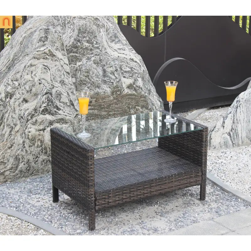 Outdoor Coffee Table PE Rattan Brown Iron Tempered Glass 34.6x20.5in