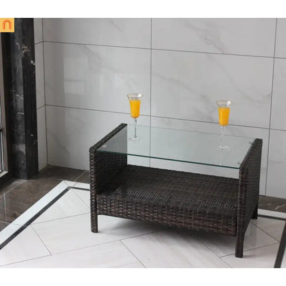 Outdoor Coffee Table PE Rattan Brown Iron Tempered Glass 34.6x20.5in
