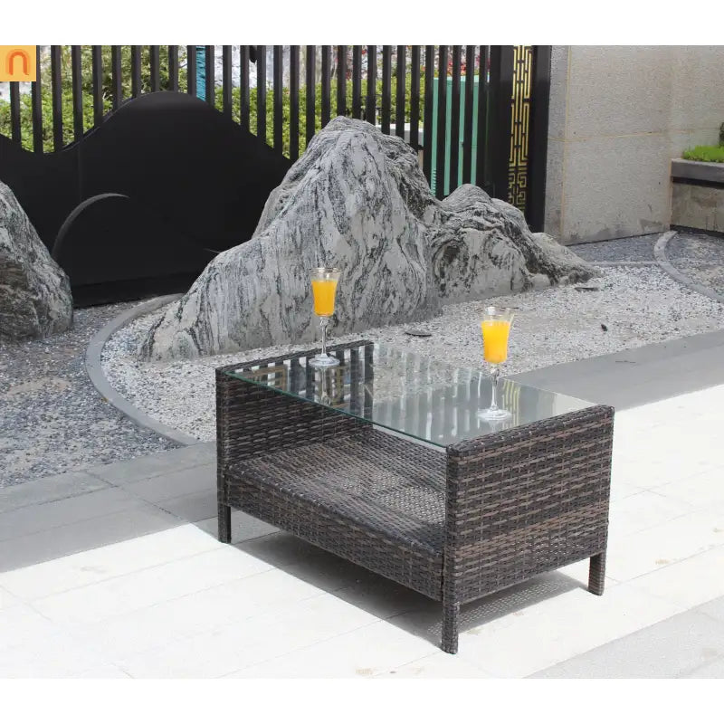 Outdoor Coffee Table PE Rattan Brown Iron Tempered Glass 34.6x20.5in