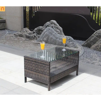 Outdoor Coffee Table PE Rattan Brown Iron Tempered Glass 34.6x20.5in