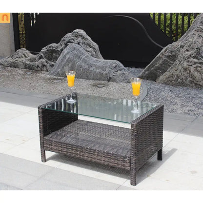 Outdoor Coffee Table PE Rattan Brown Iron Tempered Glass 34.6x20.5in