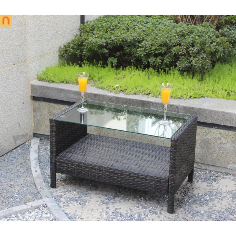 Outdoor Coffee Table PE Rattan Brown Iron Tempered Glass 34.6x20.5in