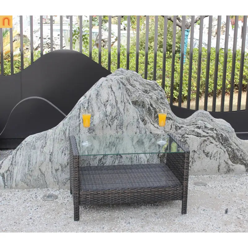 Outdoor Coffee Table PE Rattan Brown Iron Tempered Glass 34.6x20.5in