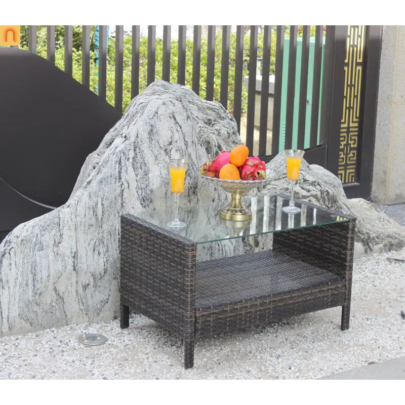 Outdoor Coffee Table PE Rattan Brown Iron Tempered Glass 34.6x20.5in