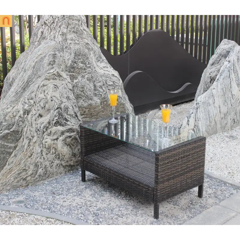 Outdoor Coffee Table PE Rattan Brown Iron Tempered Glass 34.6x20.5in