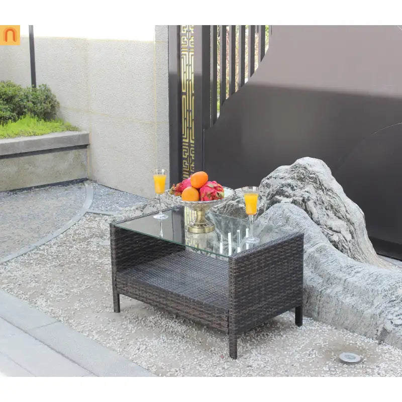 Outdoor Coffee Table PE Rattan Brown Iron Tempered Glass 34.6x20.5in