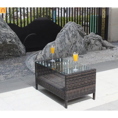 Outdoor Coffee Table PE Rattan Brown Iron Tempered Glass 34.6x20.5in