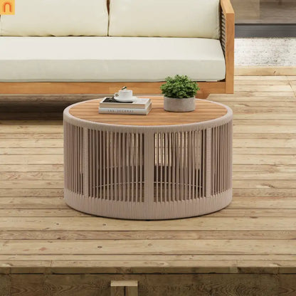 Outdoor Coffee Table Acacia Wood Rope Teak Round 26in 220 LB