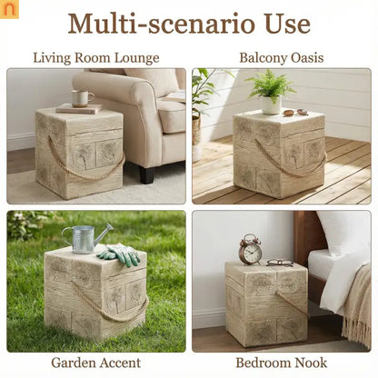 Outdoor Side Table MGO Wood Grain Braided Cord Square Retro 14.76x17in