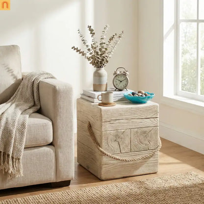 Outdoor Side Table MGO Wood Grain Braided Cord Square Retro 14.76x17in