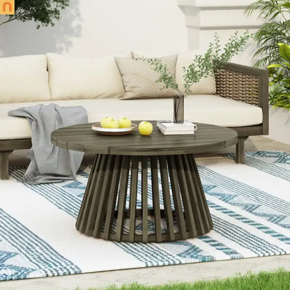 Outdoor Coffee Table Round Acacia Wood Gray 31.5in Dia 16in H 215 LB