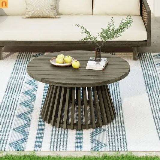Outdoor Coffee Table Round Acacia Wood Gray 31.5in Dia 16in H 215 LB