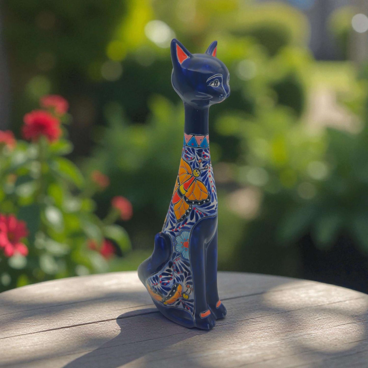 Colorful Talavera Cat Statue | Handmade Mexican Art
