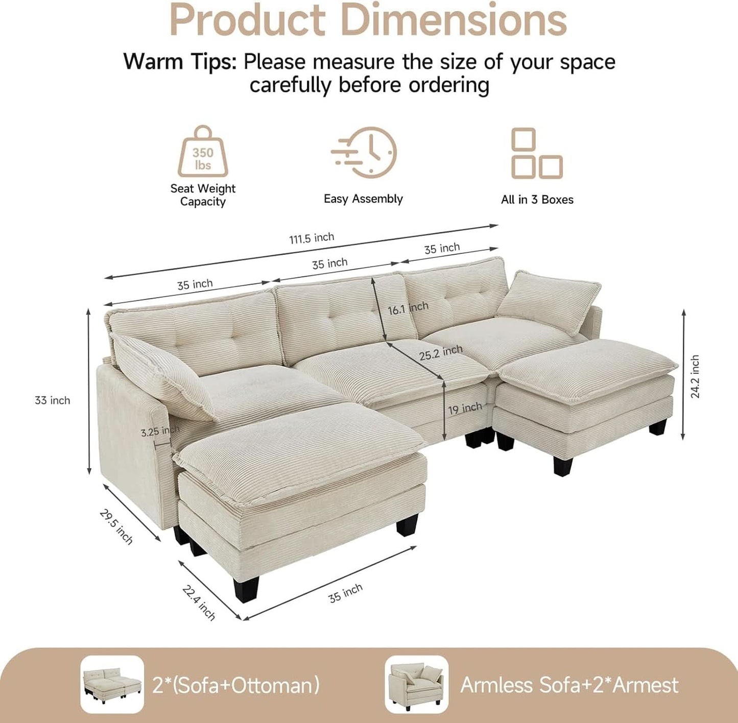 Comfy Modular Sectional Sofa With Movable Ottomans